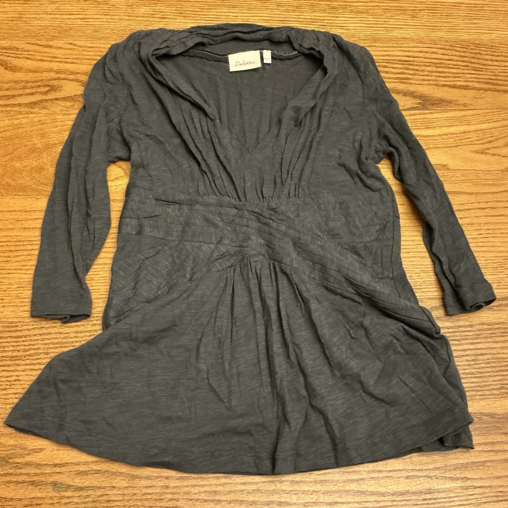 Deletta Anthropologie Top Womens Small Gray Pleated V-Neck 3/4 Sleeve Feminine